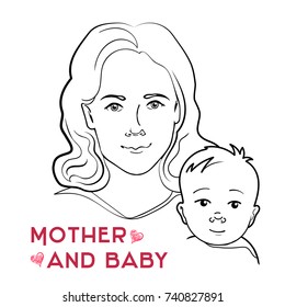 Vector outline monochrome illustration of mother and newborn baby in realistic style . Motherhood, childhood theme .Can be used for care, protection, medical products template, as symbol, icon.
