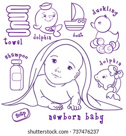 Vector outline monochrome illustration of newborn baby under the towel after the bath with wash supplies . Can be used as icon, symbol, care products template. Isolated contour on wight background.