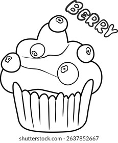 Vector outline muffin. Hand drawn illustration.Sweet cupcake with cream and blueberry and lettering "Berry". Illustration in doodle style. Isolated on white background. 