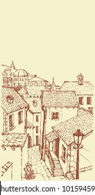 Vector outline. A narrow street with old houses with tiled roofs