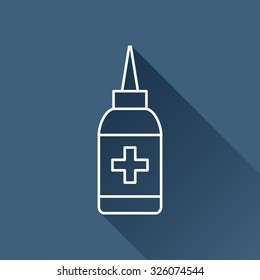 Vector outline nasal spray bottle on dark blue background with long shadow . Medical icon 