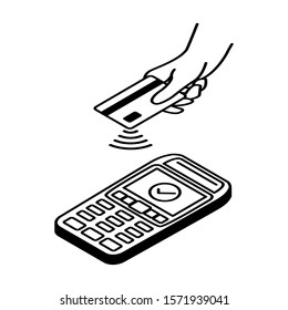 Vector Outline of NFC Payments. Pos terminal confirms contactless payment from credit card.