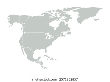 Vector outline of North America, Greenland and Gulf of Mexico. Gray map on white background.