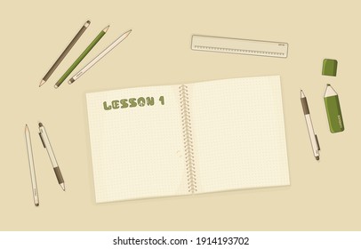 Vector outline Notebook or exercise book with dots
for summary notes for mockup or start of some hobby, education, pen, pencil, marker, ruler are on the table in room.  Lesson number one is written