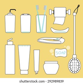 Vector outline of object in bathrooms such as toothbrush, tube of facecial cleanser, bar of soap etc.