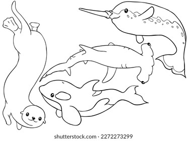 Vector Outline of Ocean animals (Sea Otter, Orca whale, Hammerhead Shark, Narwhal)