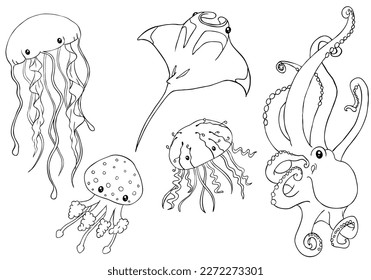 Contorno vectorial de las criaturas oceánicas (medusas, rayo de manta, pulpo)