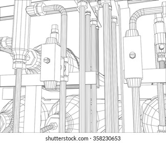 Vector outline Oil and Gas industrial equipment. Created illustration of 3d