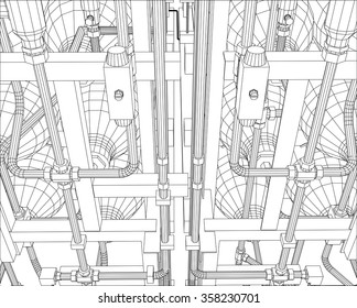 Vector outline Oil and Gas industrial equipment. Created illustration of 3d