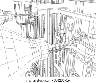 Vector outline Oil and Gas industrial equipment. Created illustration of 3d