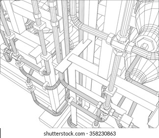 Vector outline Oil and Gas industrial equipment. Created illustration of 3d