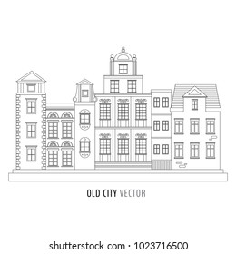 Vector outline of old fashioned europe buildings isolated on white background. Vector city street. Vector illustration for your graphic design.