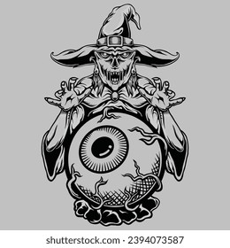 vector outline old scary face witch illustration