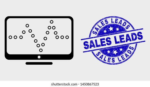 Vector outline online dotted chart icon and Sales Leads stamp. Blue round distress stamp with Sales Leads title. Black isolated online dotted chart icon in outline style.