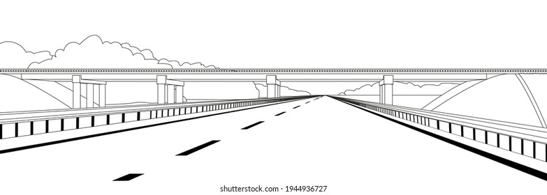 vector outline overpass or bridge, in a city road. Cityscape suburban or urban. Black and white banner or poster.  The road going into the distance, perspective. Modern flat illustration.