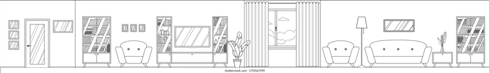 Vector outline panorama of the living room interior with furniture; room scan. Four walls; window, door, comfortable sofa, armchairs, bookcase, TV. For coloring book. Flat style vector illustration.