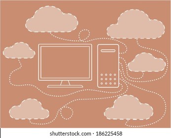 Vector outline PC with clouds and connectors