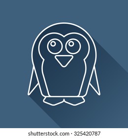 Vector outline penguin icon on dark blue background with long shadow 
