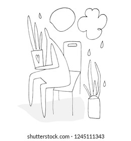 Vector outline people. Hand paint stick figure illustration. Man in interior. Speech. Heart. Character people. Chair. (Can be used as texture for cards, invitations, DIY projects, web)