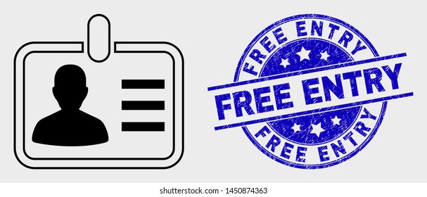 Vector outline person badge icon and Free Entry seal. Blue round scratched seal stamp with Free Entry message. Black isolated person badge icon in contour style.