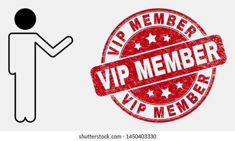 Vector outline person show icon and Vip Member seal. Blue round grunge watermark with Vip Member caption. Black isolated person show icon in outline style.