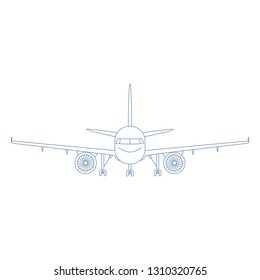 Vector Outline Plane with Chassis Illustration. Front View Airplane