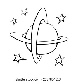 Planeta de contorno vectorial, satélite, objeto espacial. Elemento de diseño, icono, clip art sobre el tema del cosmos, OVNI en estilo Doodle