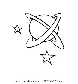Vector outline Planet, satellite, space object. Design element, icon, clip art on theme of cosmos, UFO in Doodle style