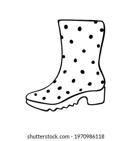 Vector outline polka dot rubber rain boots for rainy weather or gardening. Hand drawn element of clothes, clip art in doodle style, isolated
