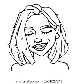 vector outline portrait of a hand-drawn beautiful smiling young woman with short hair. isolated on a white background.