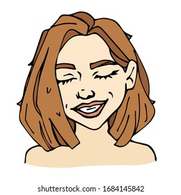 vector outline portrait of a hand-drawn beautiful smiling young woman with short hair. isolated on a white background.