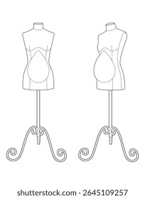 Contorno vetorial de formas de vestido grávidas para design de vestuário de maternidade. Manequins femininos para costurar e costurar roupas de maternidade. Linha preta em fundo branco.