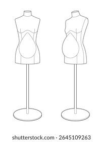Contorno vetorial de formas de vestido grávidas para design de vestuário de maternidade. Manequins femininos para costurar e costurar roupas de maternidade. Linha preta em fundo branco.