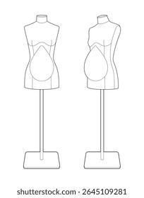 Vector outline of pregnant dress forms for maternity clothing design. Female mannequins for tailoring and sewing maternity wear. Black line art on white background.