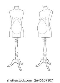 Contorno vetorial de formas de vestido grávidas para design de vestuário de maternidade. Manequins femininos para costurar e costurar roupas de maternidade. Linha preta em fundo branco.