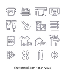 Vector outline printing icons set. Printer, plotter, paints and paper, stationery and corporate identity line illustration. Concept for copy center, printing service, publishing design.