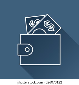 Vector outline purse icon on dark blue background with long shadow 