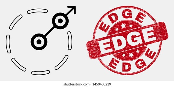 Vector outline radial escape border icon and Edge seal. Blue round textured seal with Edge message. Black isolated radial escape border icon in line style.