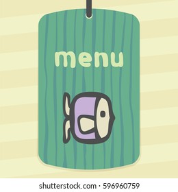 Vector outline raw fish food icon on label with hand drawn striped background. Elements for mobile concepts and web apps. Modern infographic logo and pictogram.