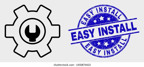 Vector outline repair options pictogram and Easy Install seal stamp. Blue rounded scratched seal with Easy Install title. Black isolated repair options pictogram in outline style.