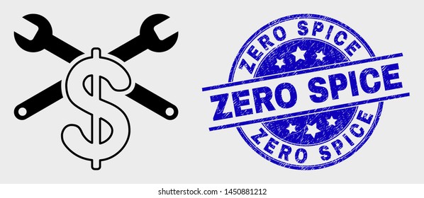 Vector outline repair price pictogram and Zero Spice seal stamp. Blue round scratched seal with Zero Spice title. Black isolated repair price pictogram in outline style.