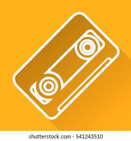 Vector outline retro cassette icon on white background with long shadow
