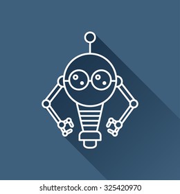 Vector outline retro robot toy icon on dark blue background with long shadow 