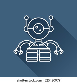 Vector outline retro robot toy icon on dark blue background with long shadow 