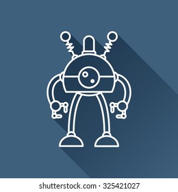 Vector outline retro robot toy icon on dark blue background with long shadow 