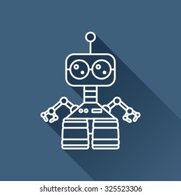 Vector outline retro robot toy icon on dark blue background with long shadow 