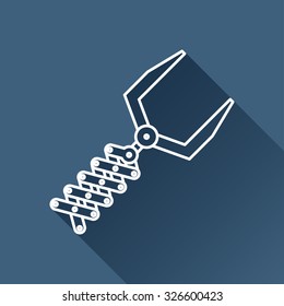 Vector outline robot hand icon on dark blue background with long shadow 