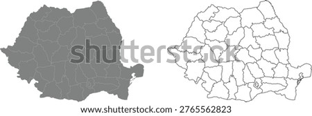 Vector outline of Romania showing clear country borders and detailed internal administrative regions. Perfect geography graphic for presentations and informative designs.