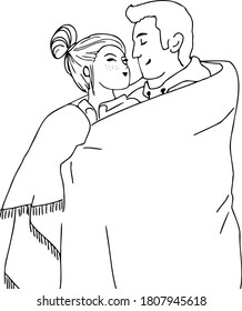 Vector outline romantic couple in love keeps warm under the blanket and hugging each other