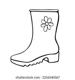 Vector outline rubber rain boot for rainy weather or gardening. Hand drawn element of clothes, clip art in doodle style, isolated.